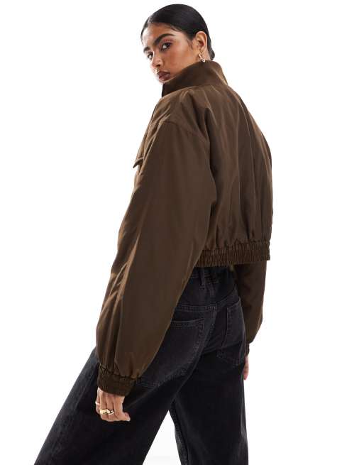 ASOS DESIGN rib funnel neck cropped bomber jacket in tan, 4 of 4