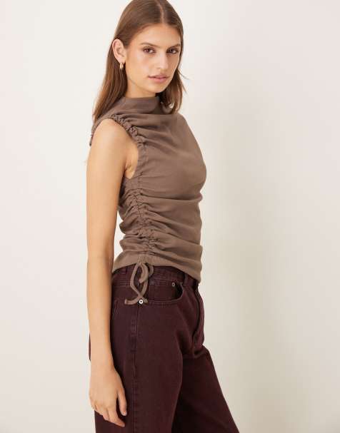 ASOS DESIGN rib grown on neck top with ruched side in chocolate - view 1