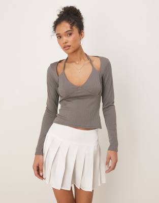 Asos Design Rib Halter Neck Long Sleeve Top In Gray