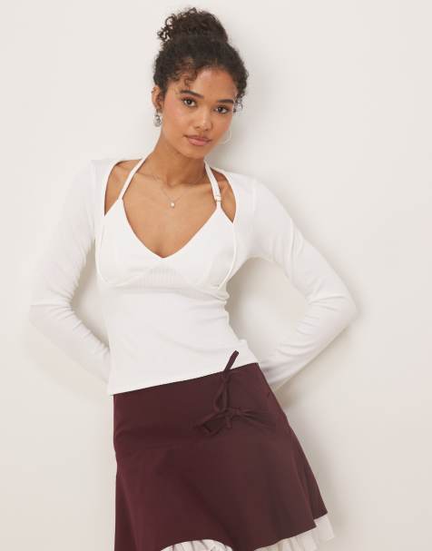ASOS DESIGN rib halter neck long sleeve top in white - view 1