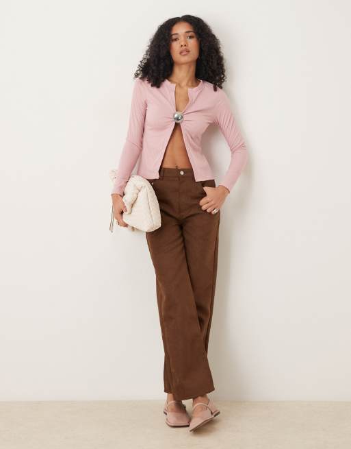 ASOS DESIGN rib hardware split detail long sleeve top in baby pink, 2 of 4