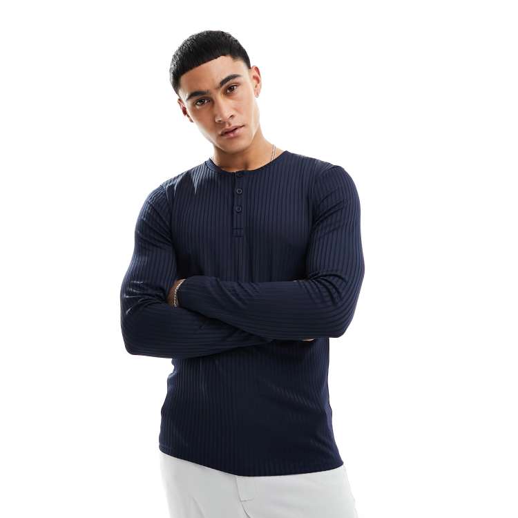ASOS DESIGN rib henley long sleeved t-shirt in navy | ASOS