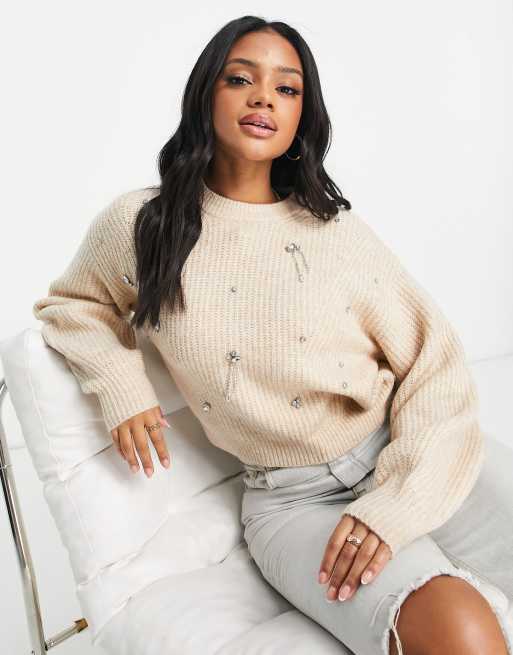 Asos Design Rib Jumper With Embellished Stones In Oatmeal Asos