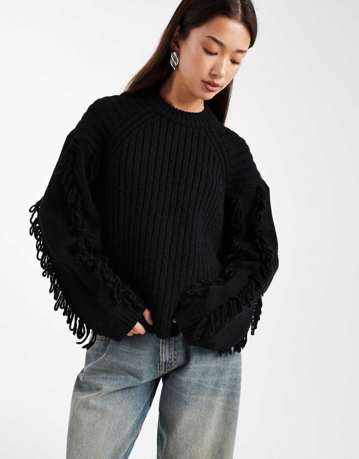 ASOS DESIGN rib jumper with fringe sleeve trim in black