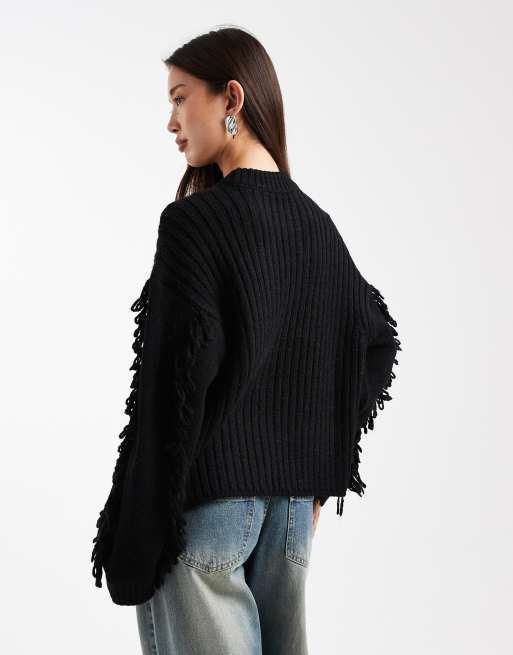 ASOS DESIGN rib jumper with fringe sleeve trim in black, 3 of 4
