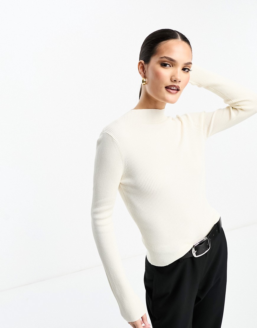 ASOS DESIGN rib jumper with grown on neck in cream-White