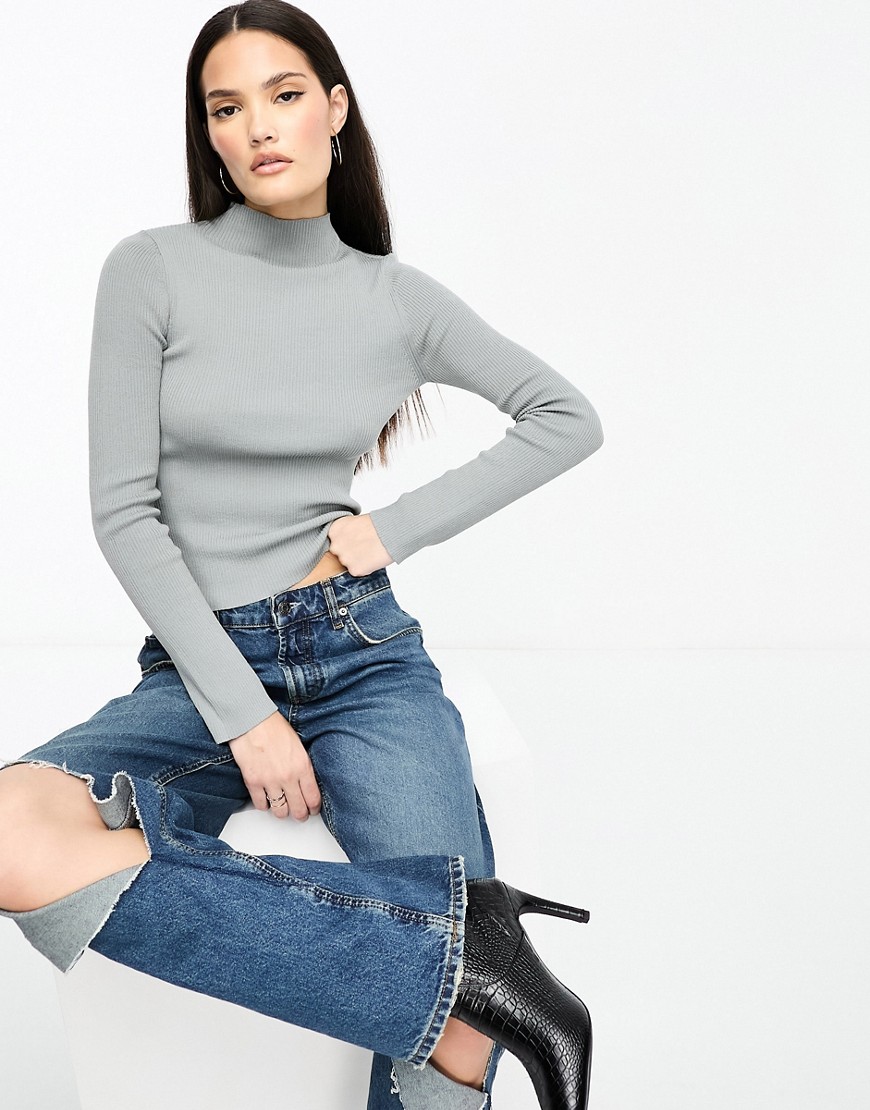 ASOS DESIGN rib jumper with grown on neck in grey