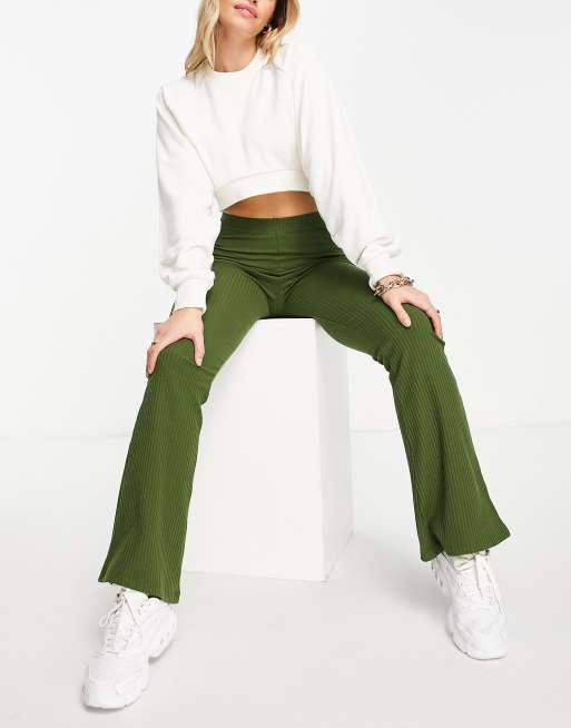 ASOS DESIGN rib kick flare trouser in khaki