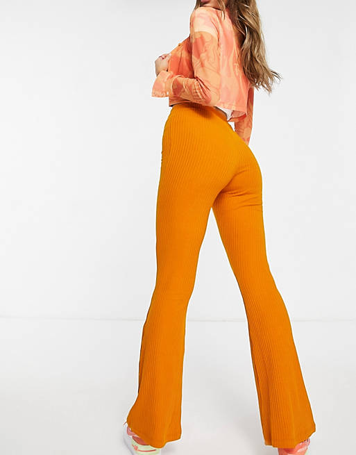  rib kick flare trouser in mustard orange 