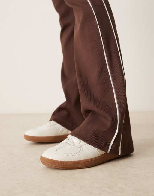ASOS DESIGN rib kick flare trouser with piping in brown and cream, 3 of 5