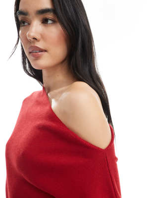 Asos Design Rib Knit Asymmetric Off The Shoulder Top In Red