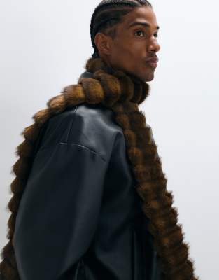 Asos Design Rib Knit Banded Faux Fur Scarf In Brown