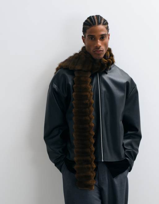 ASOS DESIGN rib knit banded faux fur scarf in brown, 2 of 3