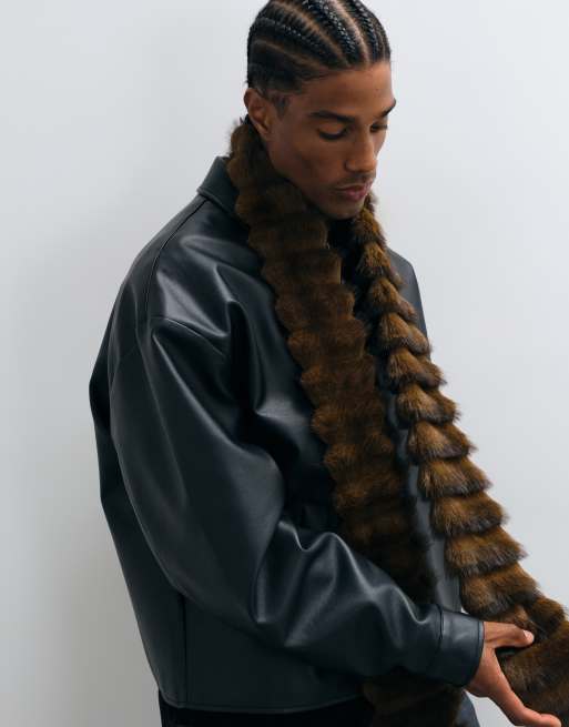 ASOS DESIGN rib knit banded faux fur scarf in brown, 3 of 3