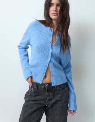 Asos Design Rib Knit Basic Cardigan In Blue