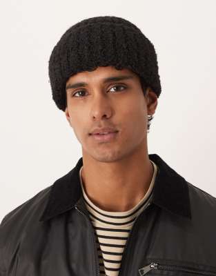 Asos Design Rib Knit Boucle Beanie In Black