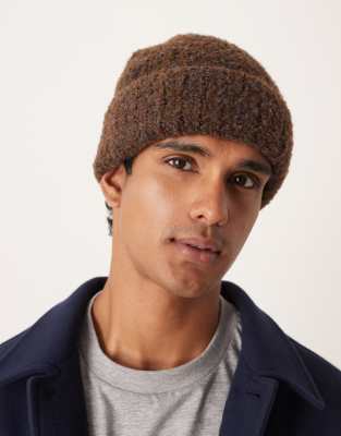Asos Design Rib Knit Boucle Beanie In Brown