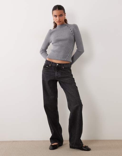 ASOS DESIGN rib knit button detail long sleeve top in charcoal, 2 of 4