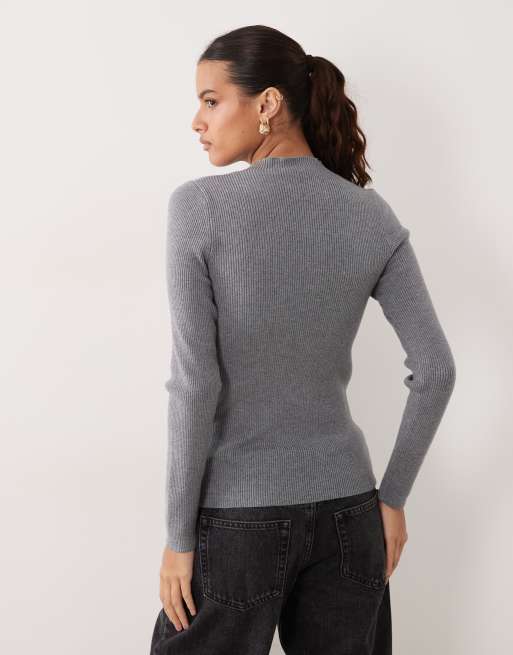 ASOS DESIGN rib knit button detail long sleeve top in charcoal, 4 of 4