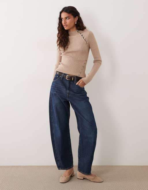 ASOS DESIGN rib knit button detail long sleeve top in oatmeal, 2 of 4