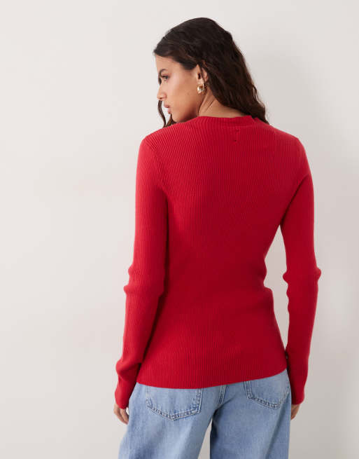 ASOS DESIGN rib knit button detail long sleeve top in red, 4 of 4