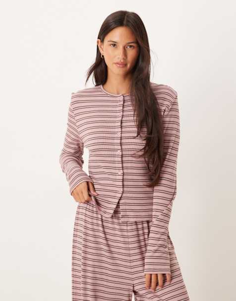 ASOS DESIGN rib knit cardigan in pink & brown stripes - view 1