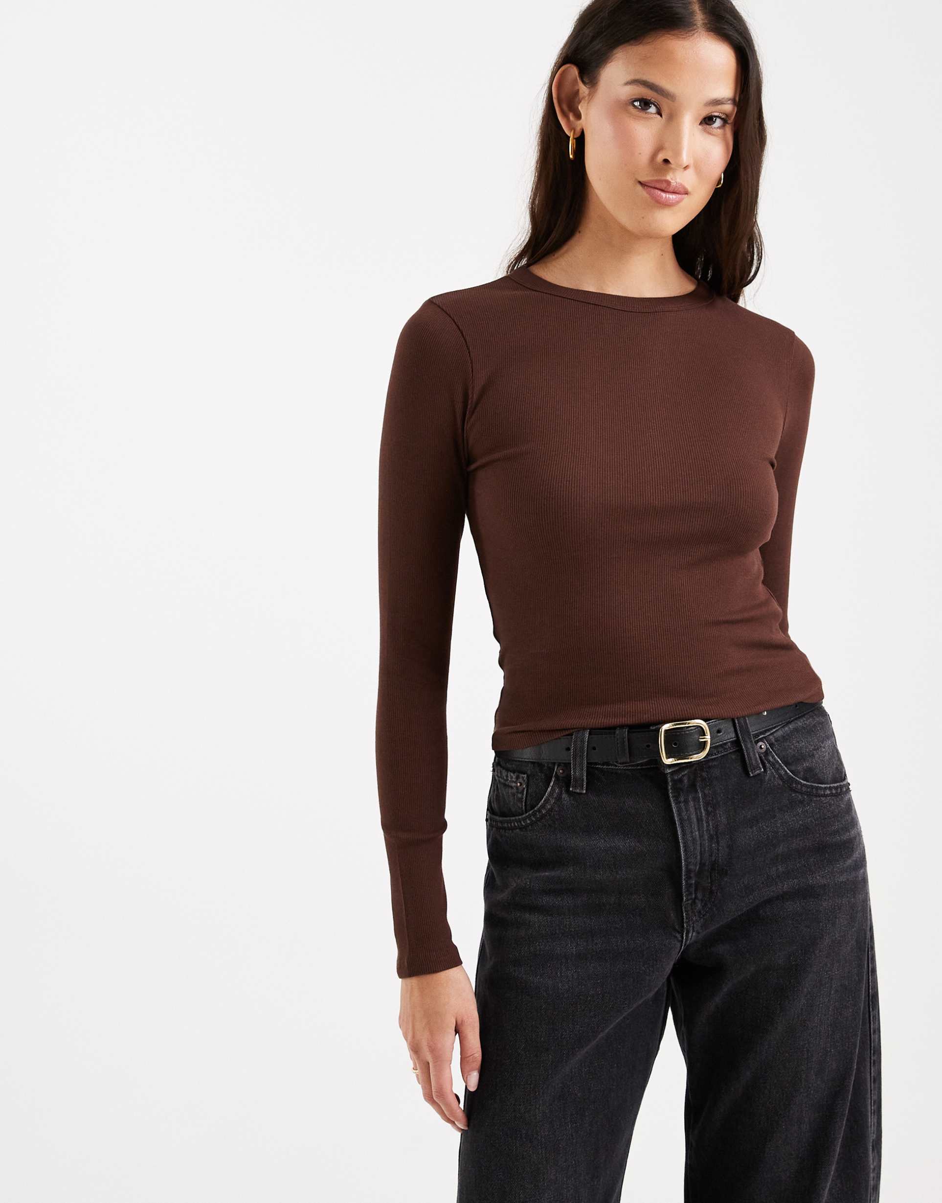 asos design rib knit crew neck long sleeve top in chocolate