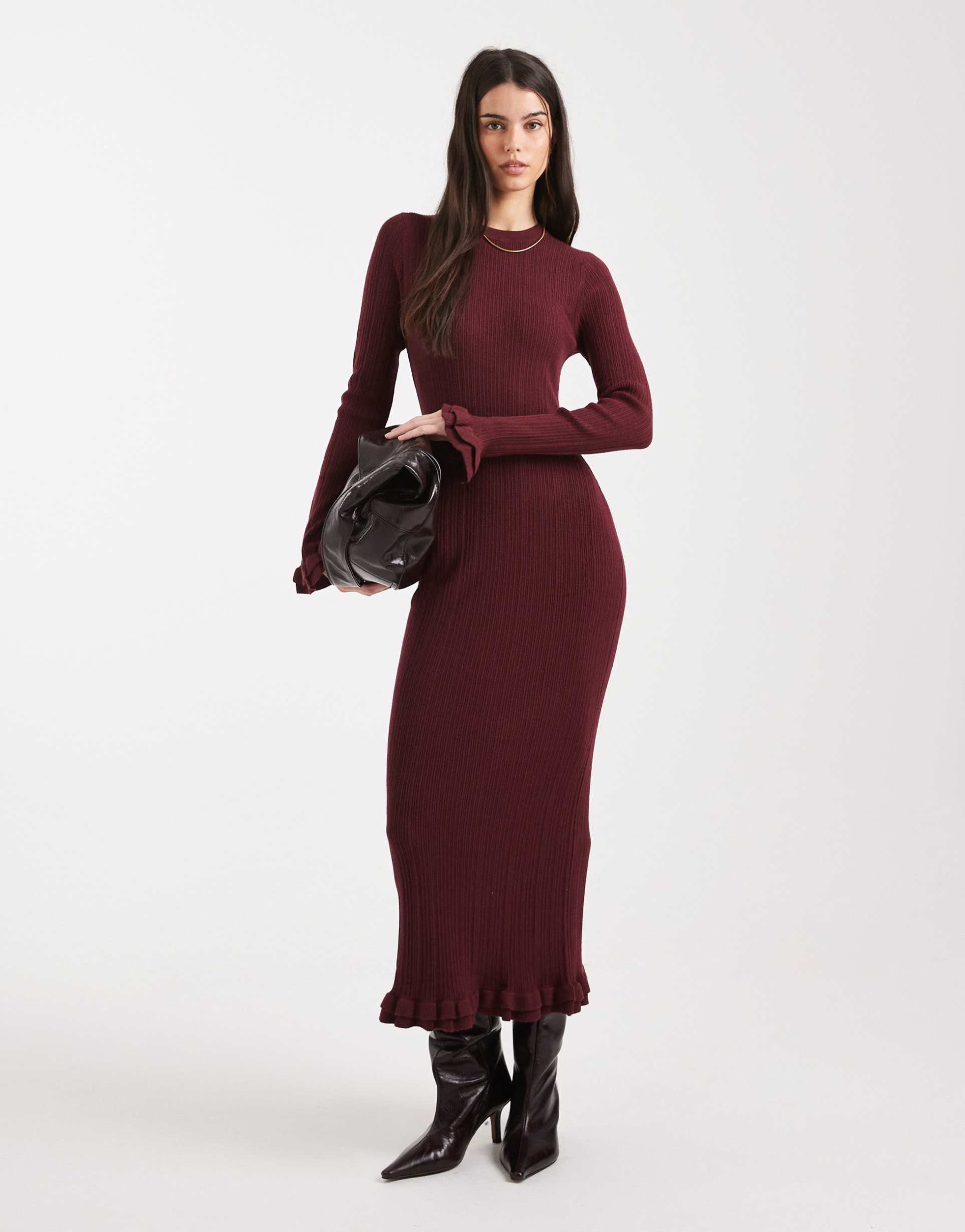 asos design rib knit frill sleeve maxi dress in burgundy