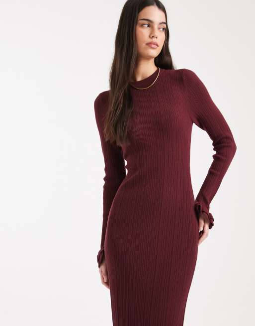 ASOS DESIGN rib knit frill sleeve maxi dress in burgundy