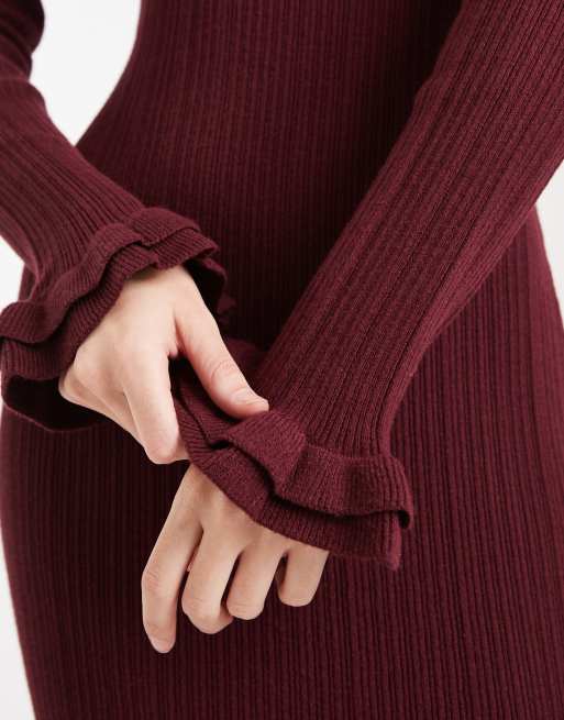 ASOS DESIGN rib knit frill sleeve maxi dress in burgundy