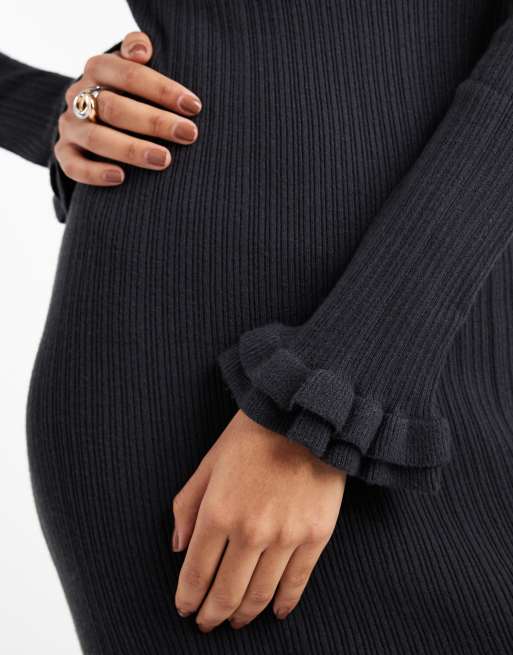 ASOS DESIGN rib knit frill sleeve maxi dress in charcoal