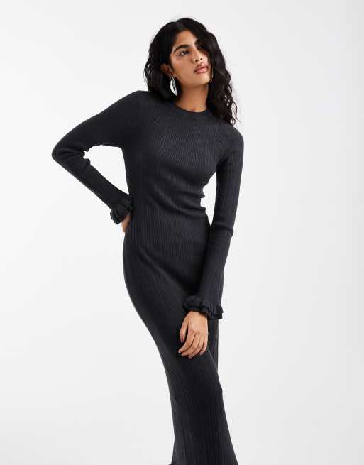 ASOS DESIGN rib knit frill sleeve maxi dress in charcoal