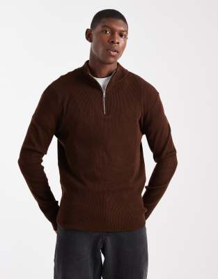Asos Design Rib Knit Half Zip Sweater In Brown