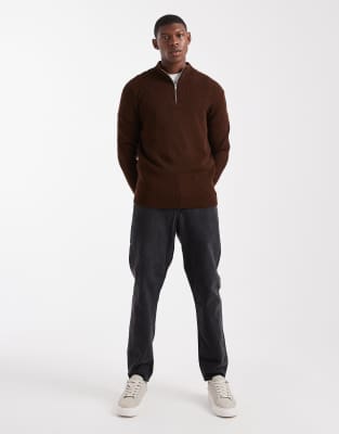 Asos Design Rib Knit Half Zip Sweater In Brown