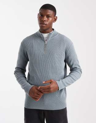 Asos Design Rib Knit Half Zip Sweater In Gray