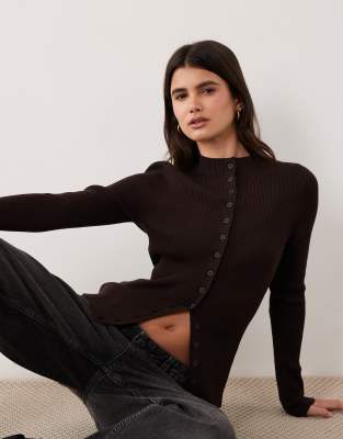 Asos Design Rib Knit High Neck Button Up Cardigan In Brown