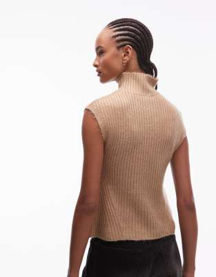 Asos Design Rib Knit High Neck Tank Top In Brown