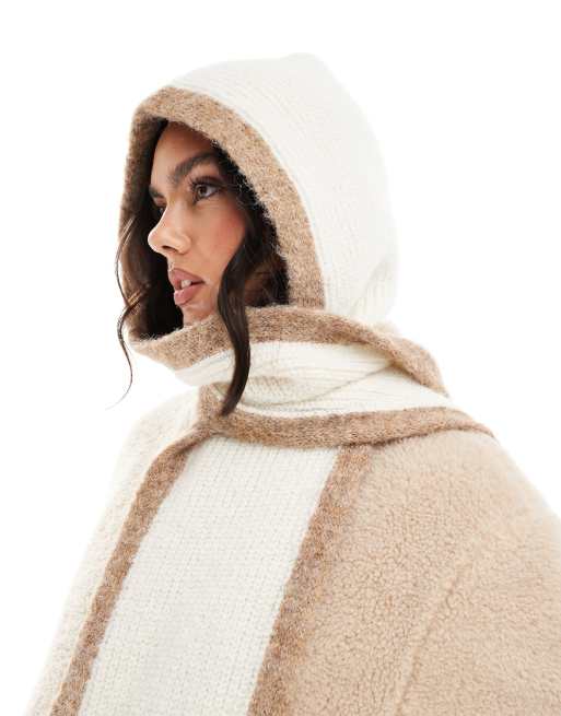 ASOS DESIGN rib knit hood scarf in wool mix with neutral edge design