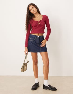 Asos Design Rib Knit Keyhole Long Sleeve Top With Hardware In Brown