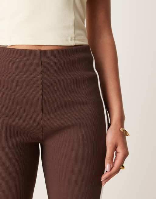 ASOS DESIGN rib knit kick flare pants with piping in brown and cream