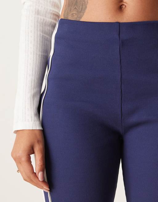 ASOS DESIGN rib knit kick flare pants with piping in navy and cream, 2 of 5