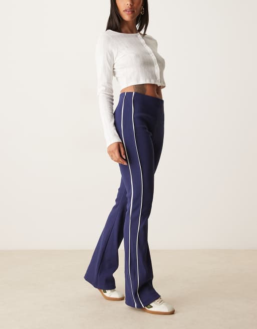 ASOS DESIGN rib knit kick flare pants with piping in navy and cream, 3 of 5