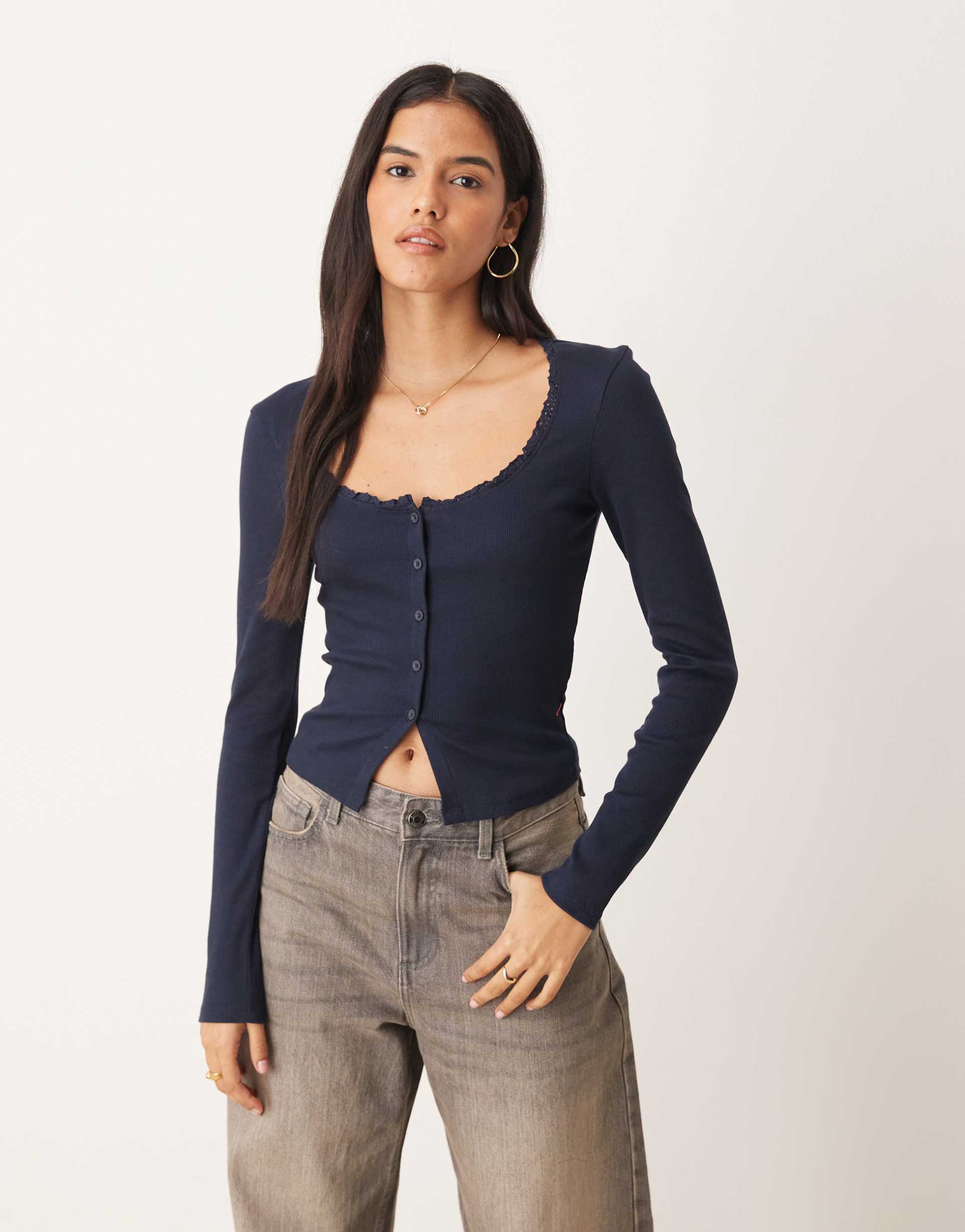 asos design rib knit long sleeve top with lace & button detailing in navy