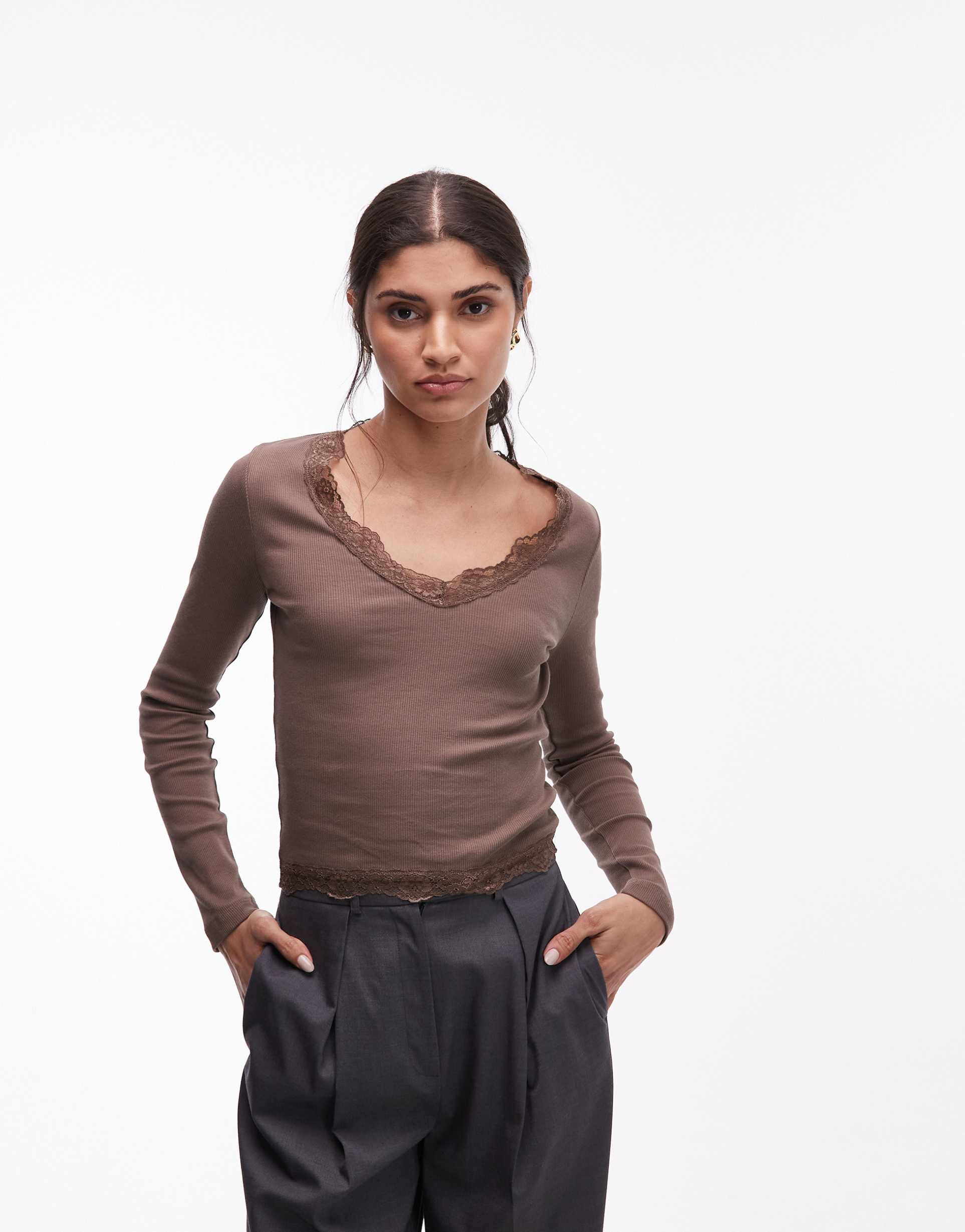 asos design rib knit long sleeve top with lace detailing in chocolate