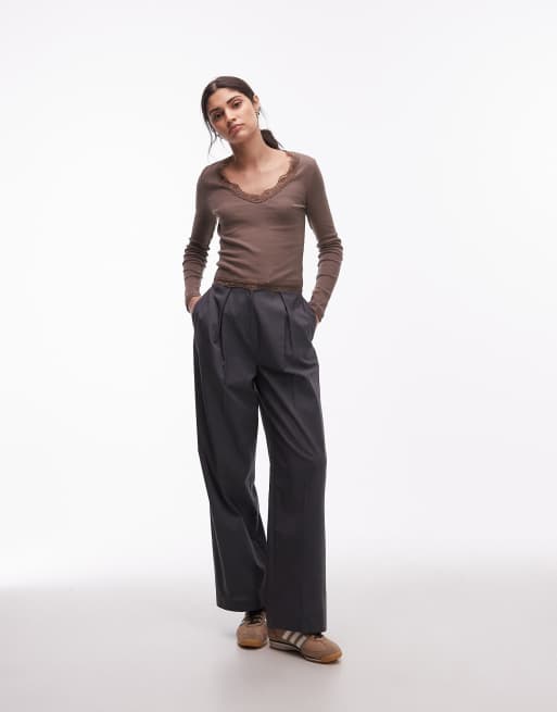 ASOS DESIGN rib knit long sleeve top with lace detailing in chocolate, 4 of 4