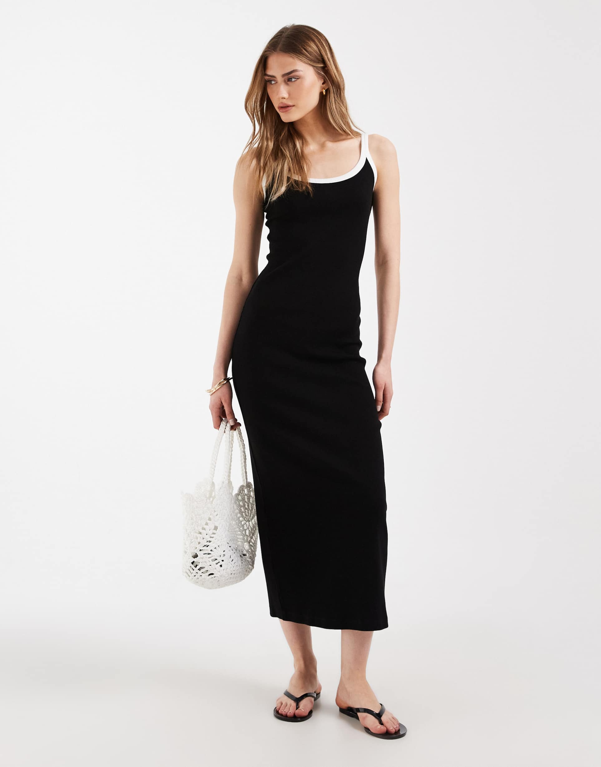 asos design rib knit midi dress in black with white contrast trim