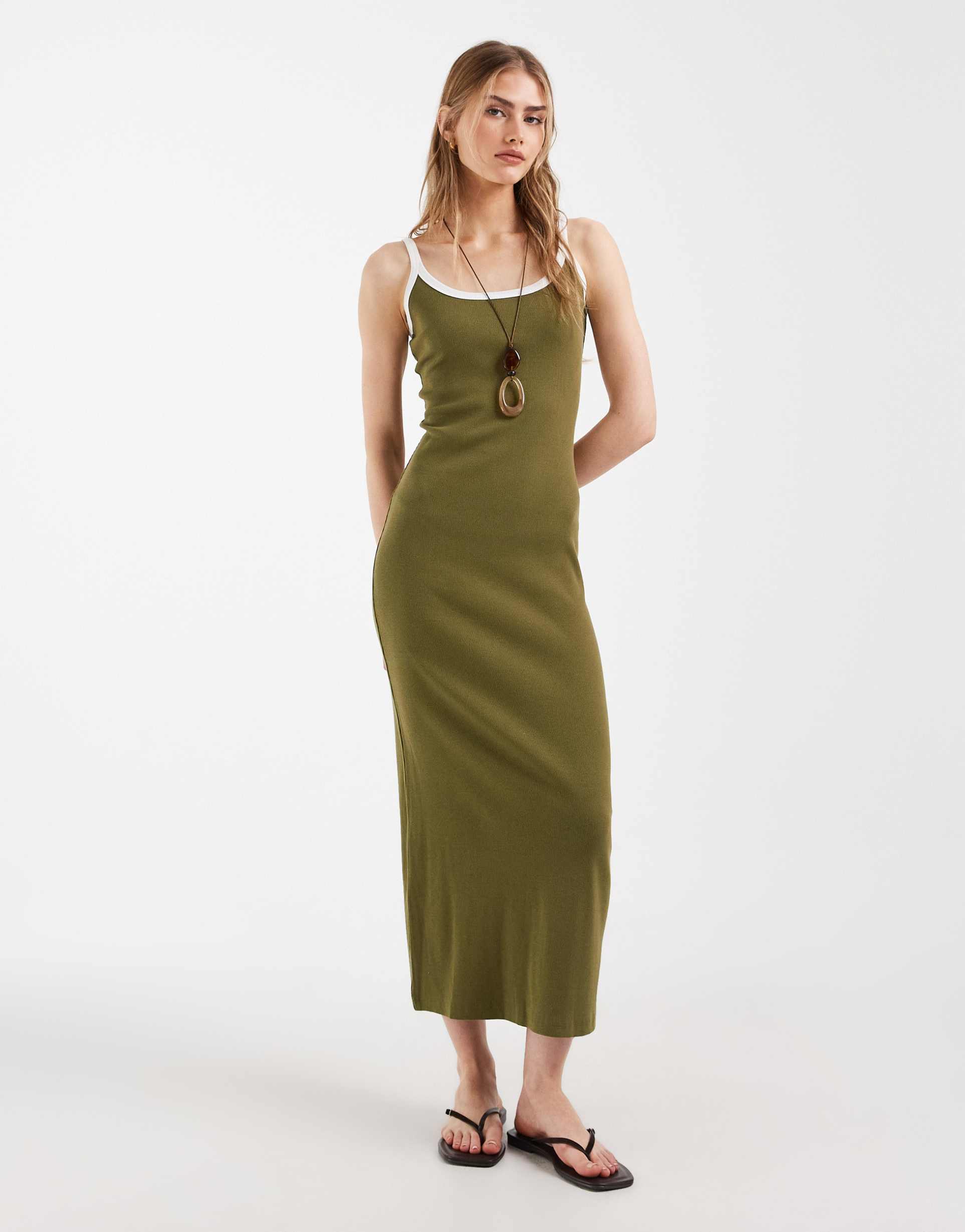 asos design rib knit midi dress in khaki green with white contrast trim