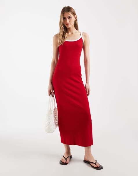 ASOS DESIGN rib knit midi dress in red with white contrast trim - view 1