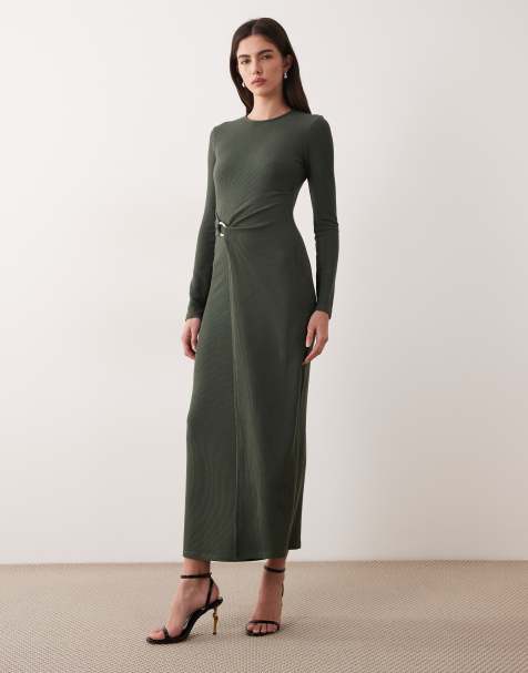 ASOS DESIGN rib knit midi dress with gold-tone hardware in khaki green - view 1