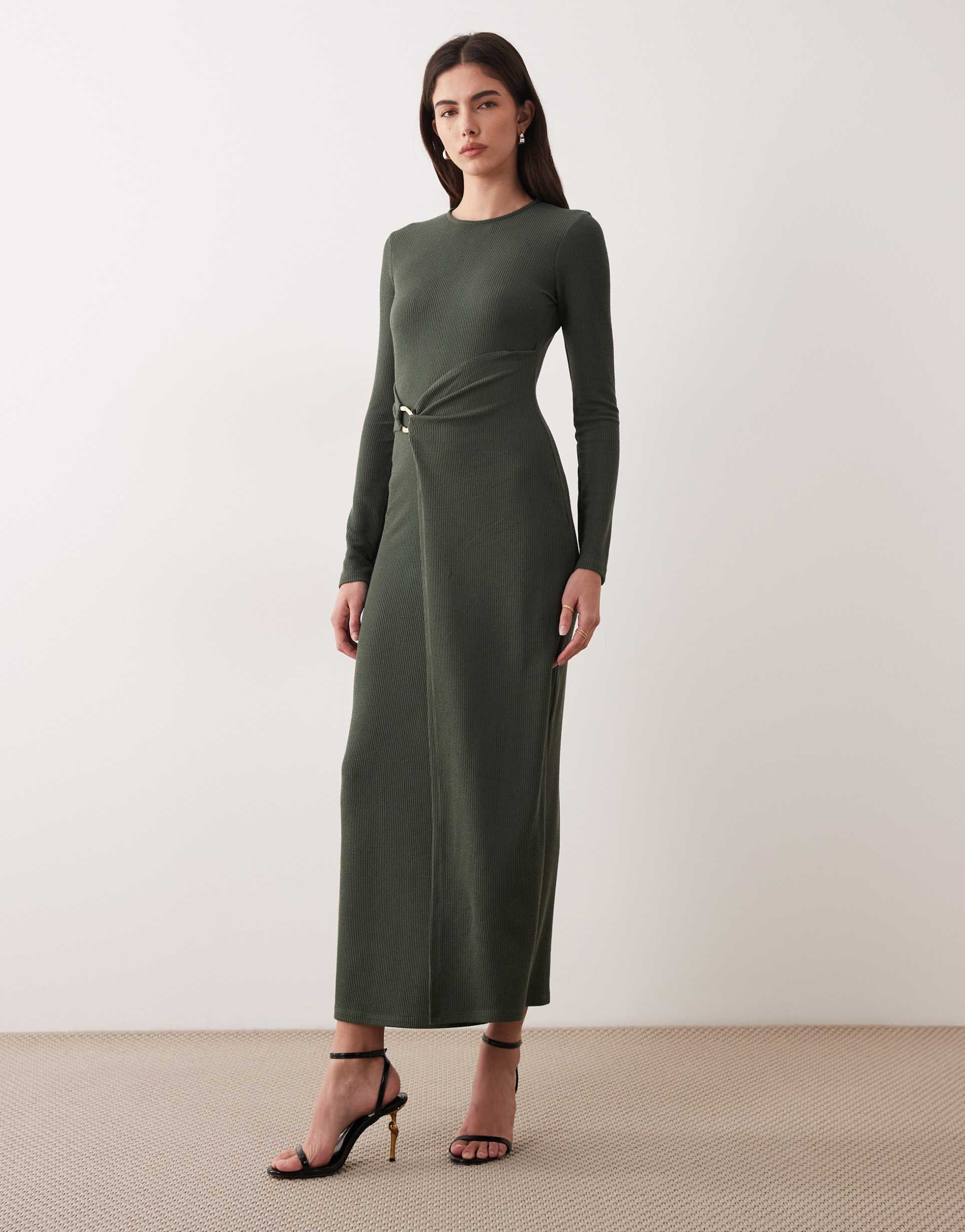 asos design rib knit midi dress with gold-tone hardware in khaki green